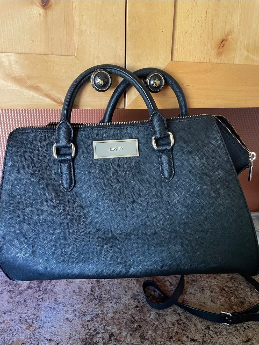 DKNY Black Structured Saffiano Satchel with Gold Plaque